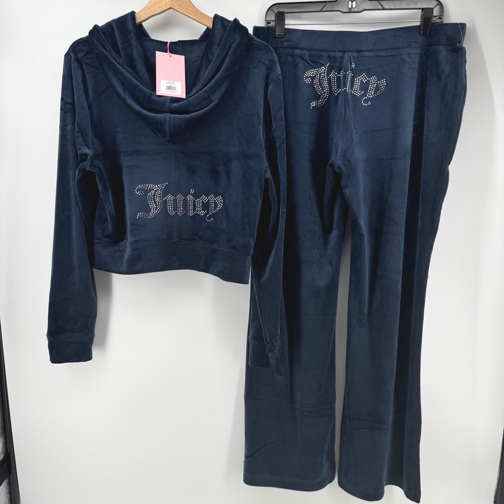 $199 Juicy Couture XL OG Bling Regal Blue Velour Tracksuit Crop Hoodie Pant Set